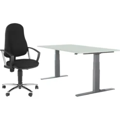 2 Tlg. Büromöbel-Set, Schreibtisch Login, Elektrisch Höhenverstellbar, B 1600 Mm, Lichtgrau/weißaluminium + Bürostuhl Point 60