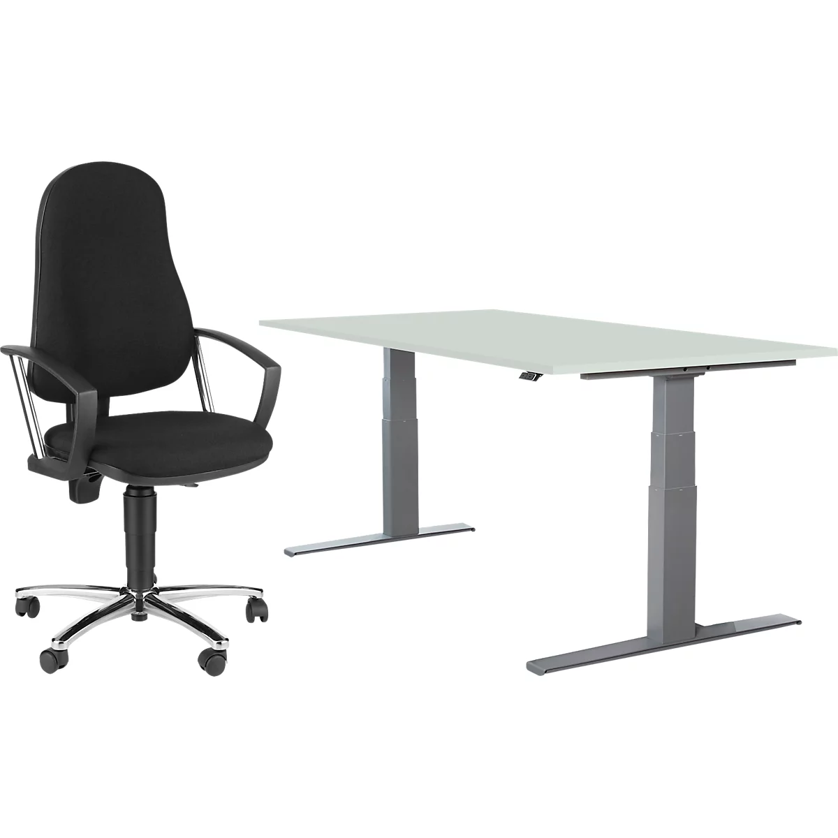 2 Tlg. Büromöbel-Set, Schreibtisch Login, Elektrisch Höhenverstellbar, B 1600 Mm, Lichtgrau/weißaluminium + Bürostuhl Point 60 1 2 Tlg. Büromöbel-Set, Schreibtisch Login, Elektrisch Höhenverstellbar, B 1600 Mm, Lichtgrau/weißaluminium + Bürostuhl Point 60