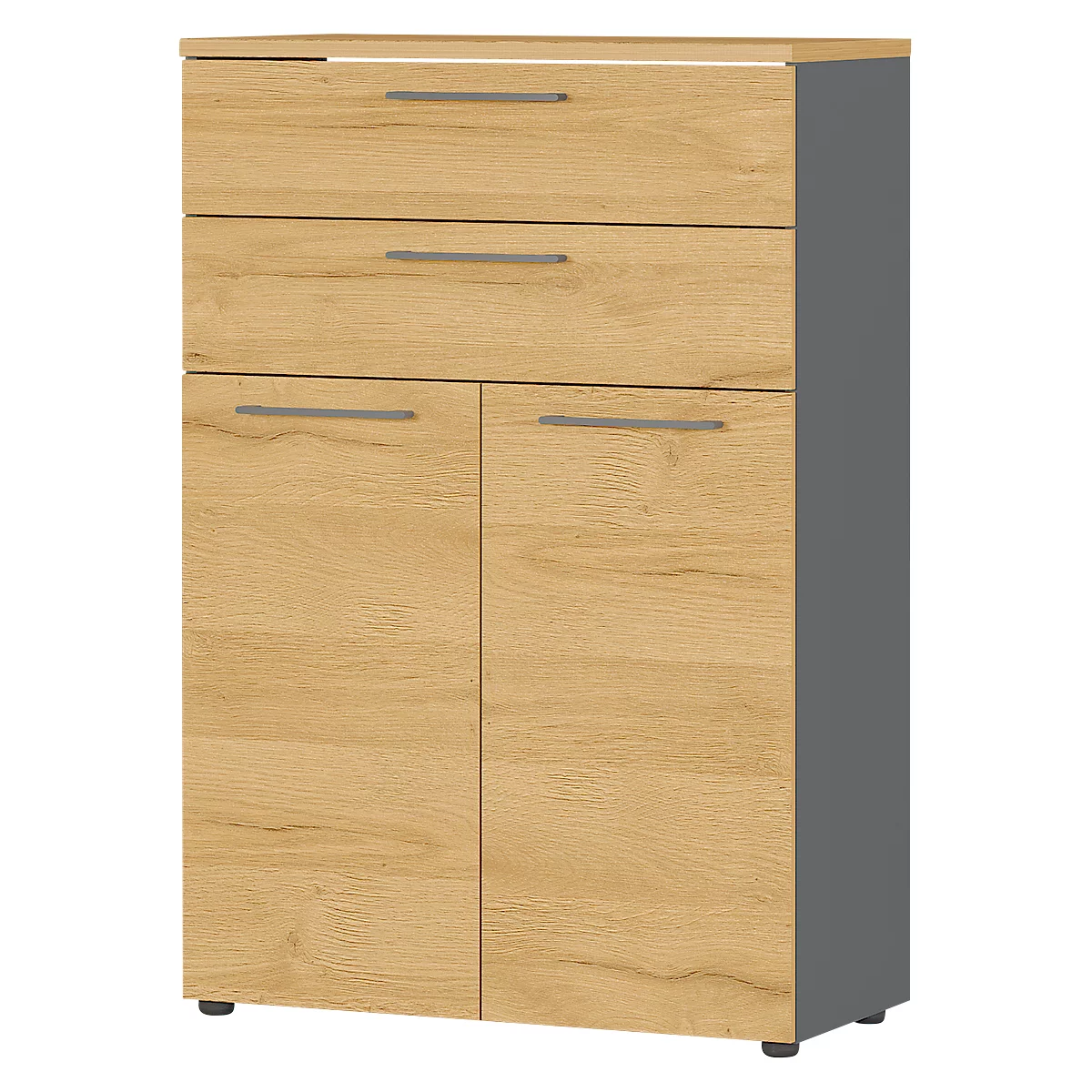 Aktenschrank Agenda Home, 3 OH, B 800 X T 400 X H 1200 Mm, 2 Schubladen, Graphit/Eiche 1 Aktenschrank Agenda Home, 3 OH, B 800 X T 400 X H 1200 Mm, 2 Schubladen, Graphit/Eiche
