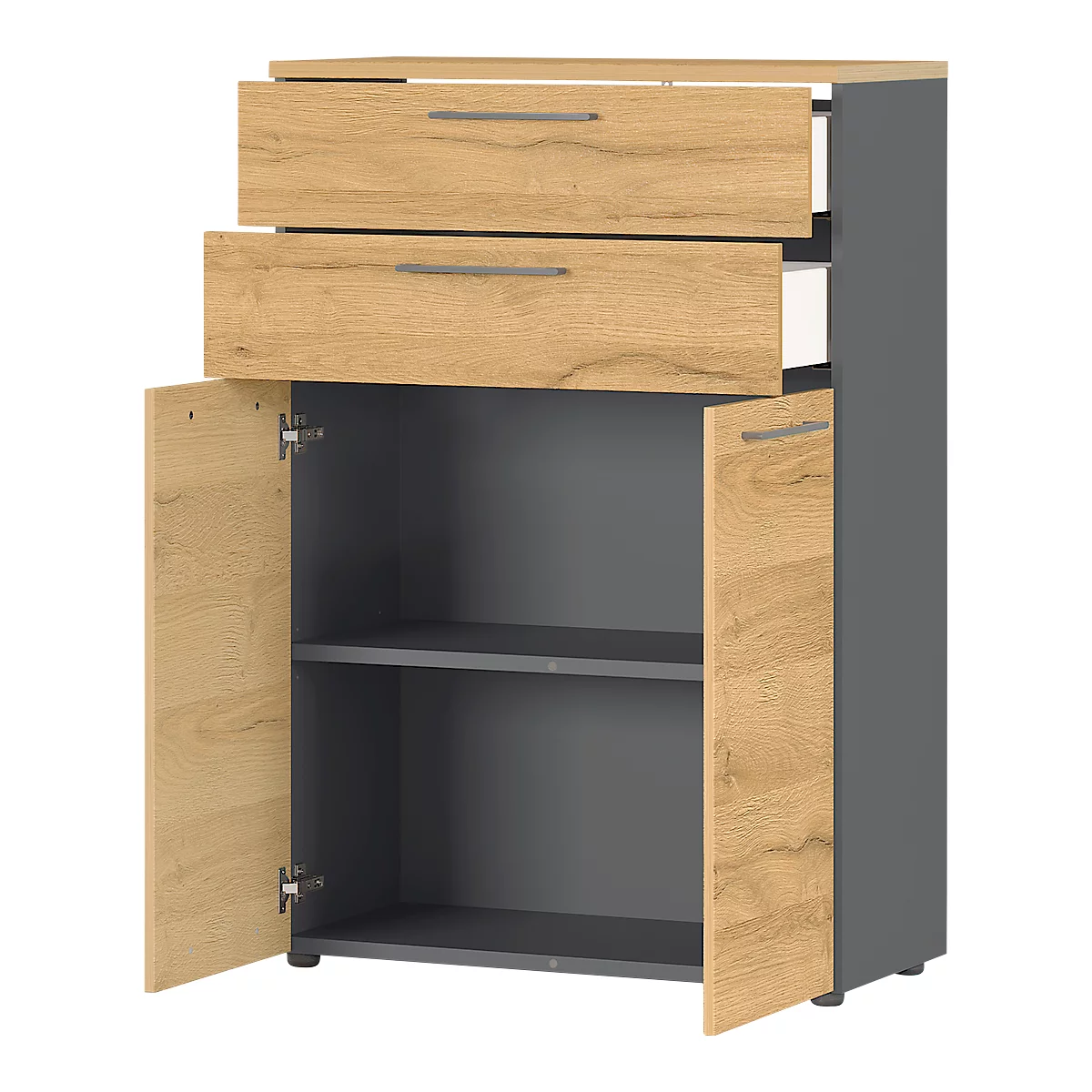 Aktenschrank Agenda Home, 3 OH, B 800 X T 400 X H 1200 Mm, 2 Schubladen, Graphit/Eiche 2 Aktenschrank Agenda Home, 3 OH, B 800 X T 400 X H 1200 Mm, 2 Schubladen, Graphit/Eiche – Bild 2