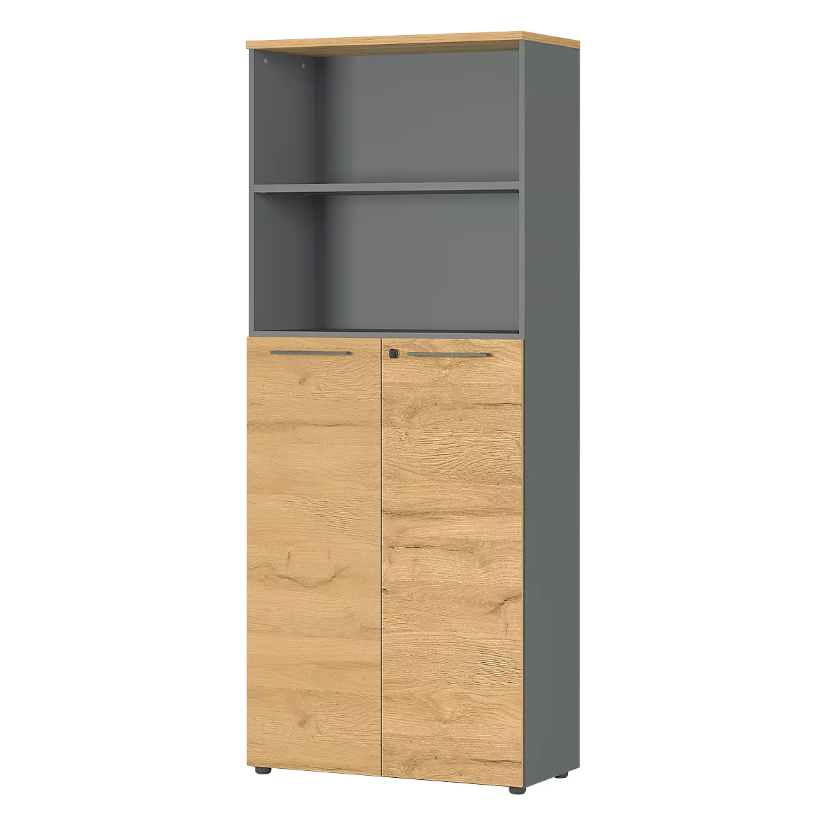 Aktenschrank Agenda Home, 5 OH, B 800 X T 400 X H 1970 Mm 2 Offene Fächer, Abschließbar, Graphit/Eiche 1 Aktenschrank Agenda Home, 5 OH, B 800 X T 400 X H 1970 Mm 2 Offene Fächer, Abschließbar, Graphit/Eiche
