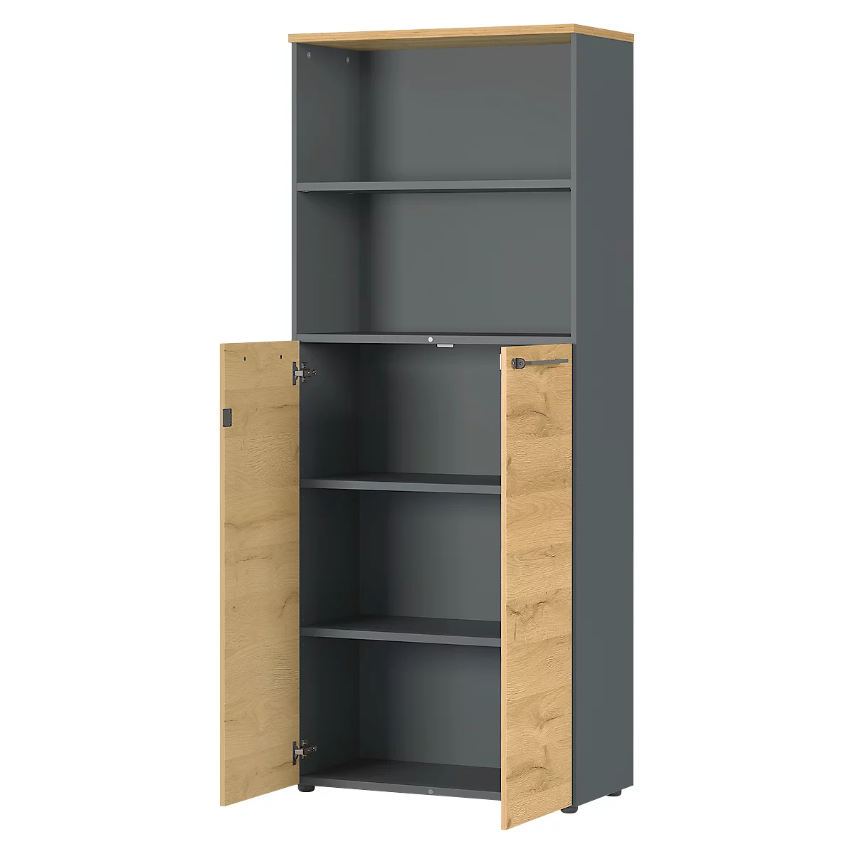 Aktenschrank Agenda Home, 5 OH, B 800 X T 400 X H 1970 Mm 2 Offene Fächer, Abschließbar, Graphit/Eiche 2 Aktenschrank Agenda Home, 5 OH, B 800 X T 400 X H 1970 Mm 2 Offene Fächer, Abschließbar, Graphit/Eiche – Bild 2