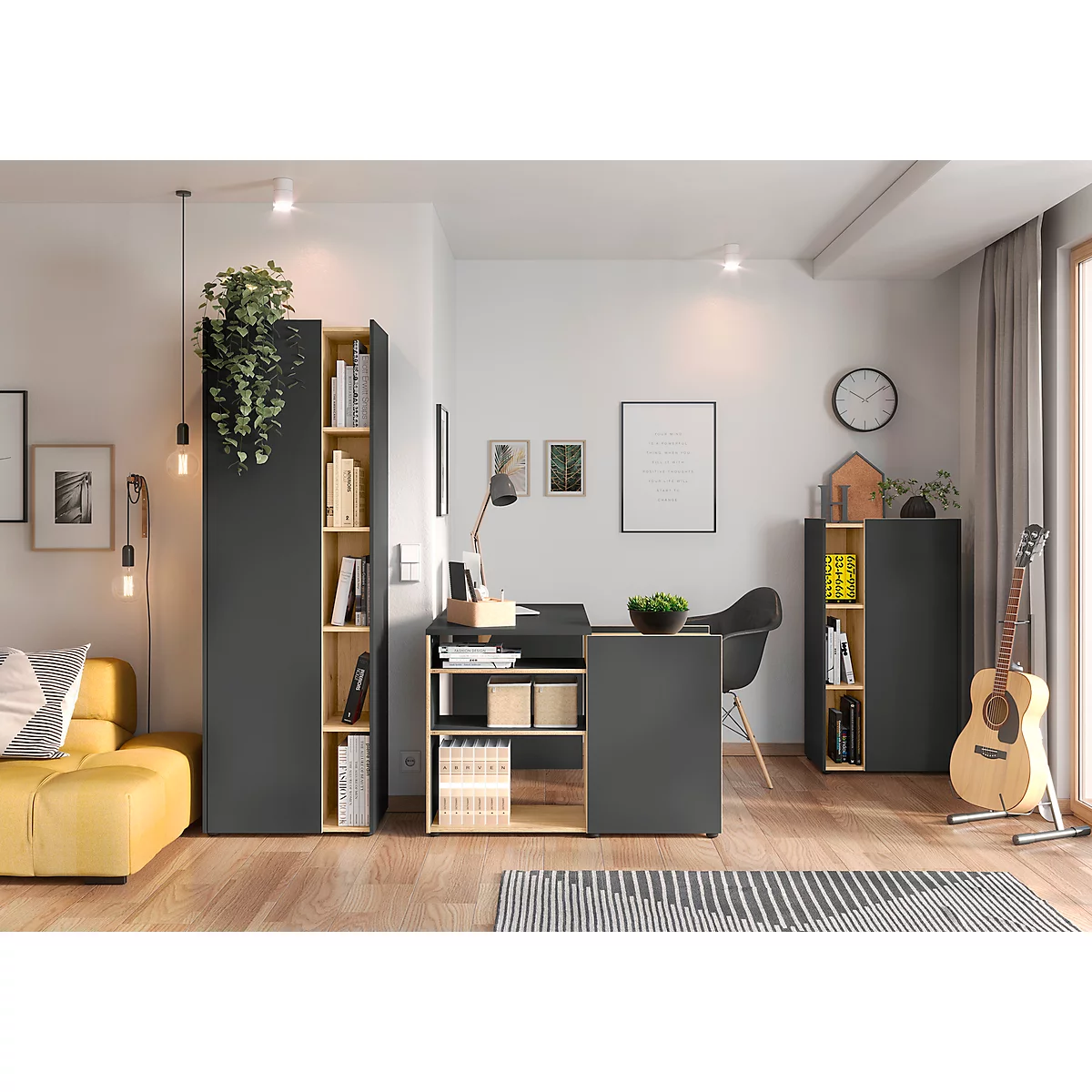 Aktenschrank Austin, 5 OH, B 620 X T 420 X H 1880 Mm, 4 Feste Böden, 5 Offene Fächer, Graphit/Eiche 3 Aktenschrank Austin, 5 OH, B 620 X T 420 X H 1880 Mm, 4 Feste Böden, 5 Offene Fächer, Graphit/Eiche – Bild 3