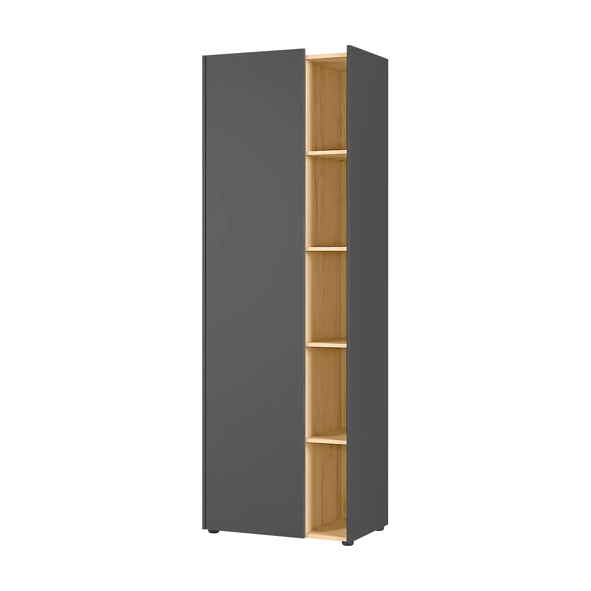 Aktenschrank Austin, 5 OH, B 620 X T 420 X H 1880 Mm, 4 Feste Böden, 5 Offene Fächer, Graphit/Eiche 2 Aktenschrank Austin, 5 OH, B 620 X T 420 X H 1880 Mm, 4 Feste Böden, 5 Offene Fächer, Graphit/Eiche – Bild 2