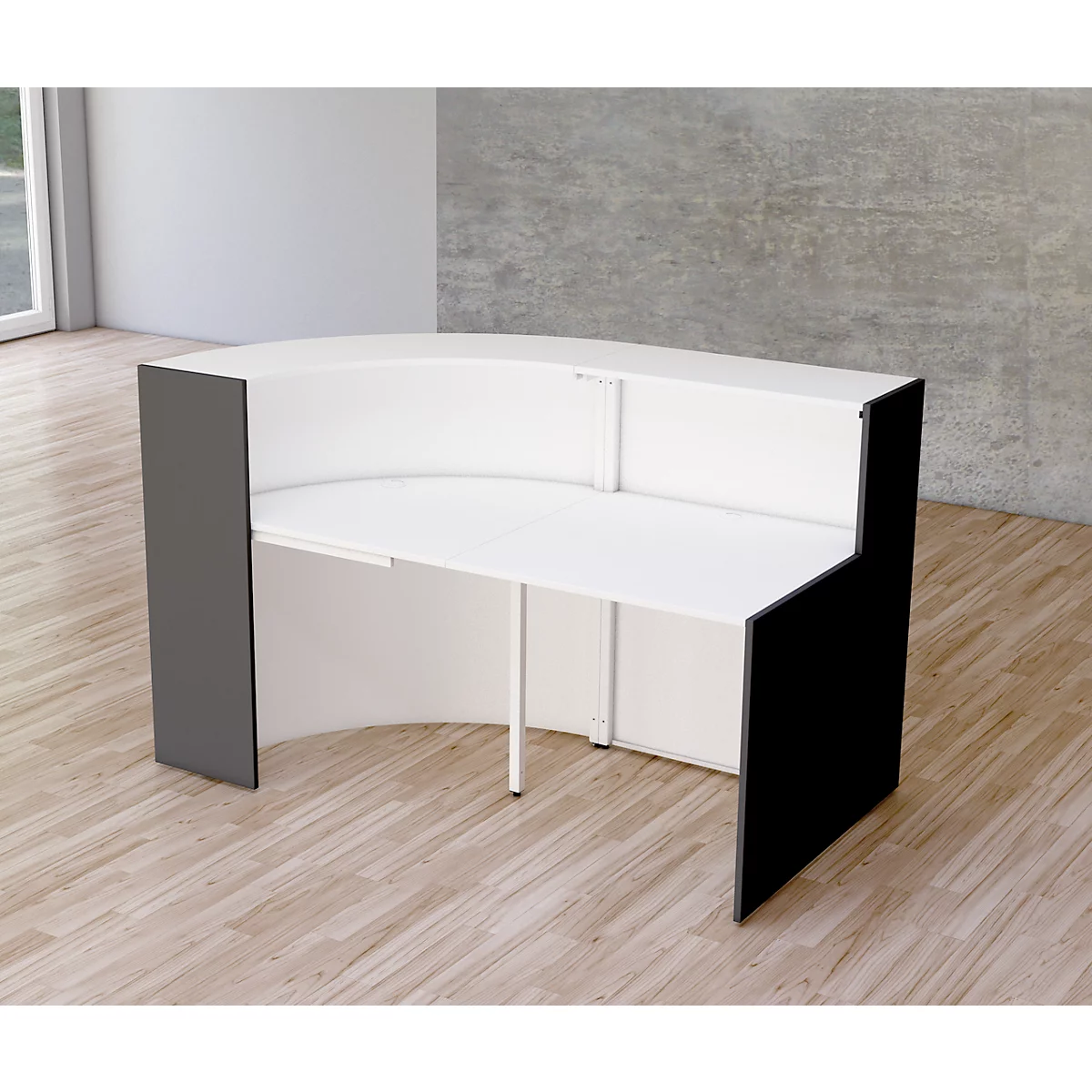 Bogen-Empfangstheke Faro Kompakt, 2 Elemente, Kabelführung, B 1750 x T 950 X 1120 Mm, Weiß/anthrazit 2 Bogen-Empfangstheke Faro Kompakt, 2 Elemente, Kabelführung, B 1750 x T 950 X 1120 Mm, Weiß/anthrazit – Bild 2
