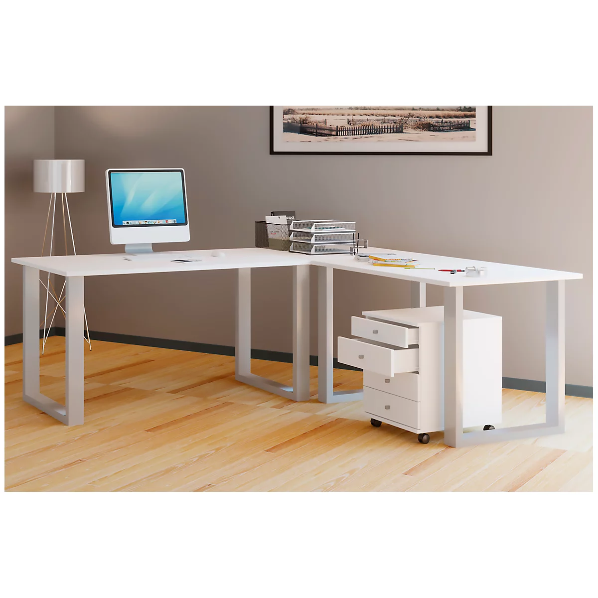 Eckschreibtisch, Winkel 90°, Bügelfuß, B 1600 X T 800/1600 X H 760 Mm, Weiß/silber 2 Eckschreibtisch, Winkel 90°, Bügelfuß, B 1600 X T 800/1600 X H 760 Mm, Weiß/silber – Bild 2