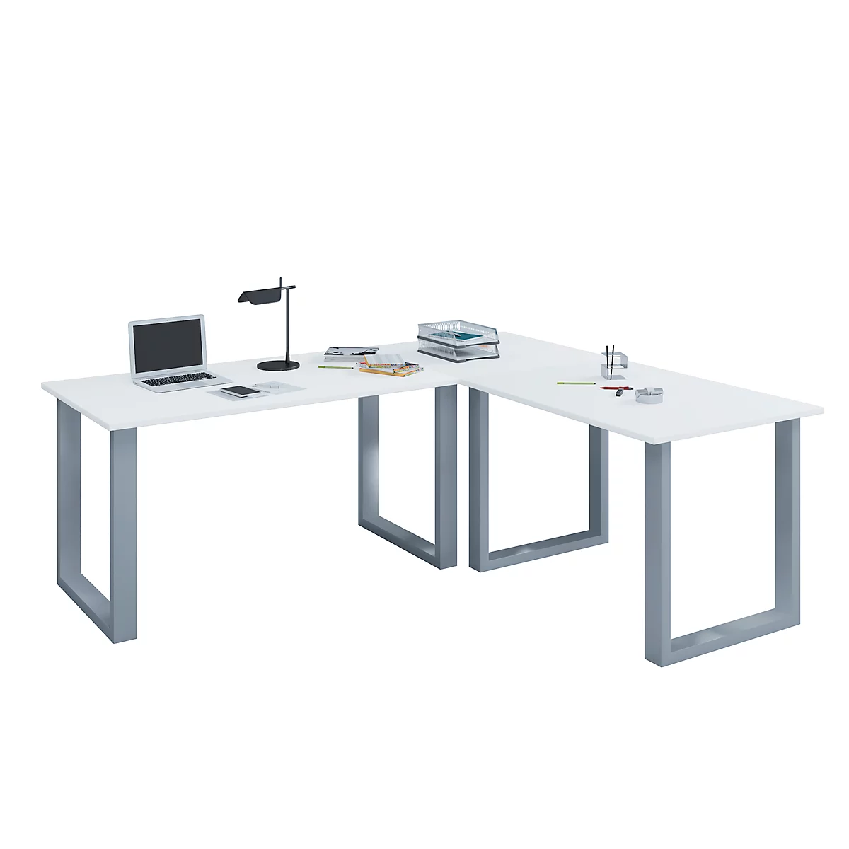 Eckschreibtisch, Winkel 90°, Bügelfuß, B 1600 X T 800/1600 X H 760 Mm, Weiß/silber 1 Eckschreibtisch, Winkel 90°, Bügelfuß, B 1600 X T 800/1600 X H 760 Mm, Weiß/silber