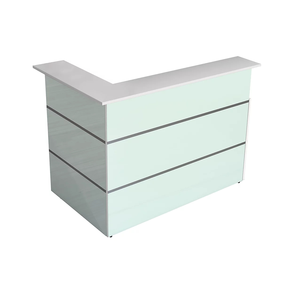 Ecktheke Atlantis, Weiß, Aus Stahl, Mit Glasfront & Melaminharz-Oberflächen 1 Ecktheke Atlantis, Weiß, Aus Stahl, Mit Glasfront & Melaminharz-Oberflächen