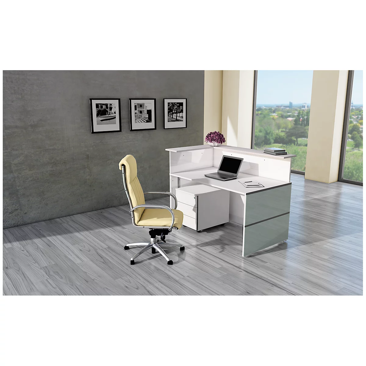 Ecktheke Atlantis, Weiß, Aus Stahl, Mit Glasfront & Melaminharz-Oberflächen 2 Ecktheke Atlantis, Weiß, Aus Stahl, Mit Glasfront & Melaminharz-Oberflächen – Bild 2