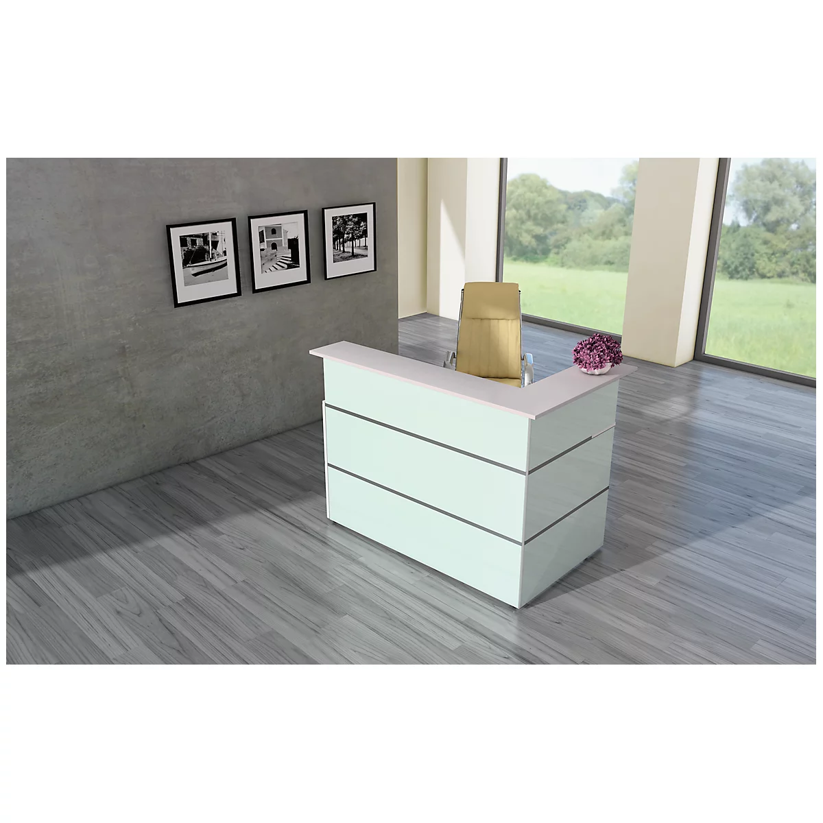 Ecktheke Atlantis, Weiß, Aus Stahl, Mit Glasfront & Melaminharz-Oberflächen 3 Ecktheke Atlantis, Weiß, Aus Stahl, Mit Glasfront & Melaminharz-Oberflächen – Bild 3