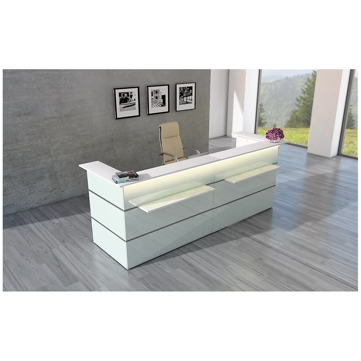 Empfangstheke U-Form Atlantis, Weiß, Glasfront & Melaminharz-Oberflächen 2 Empfangstheke U-Form Atlantis, Weiß, Glasfront & Melaminharz-Oberflächen – Bild 2