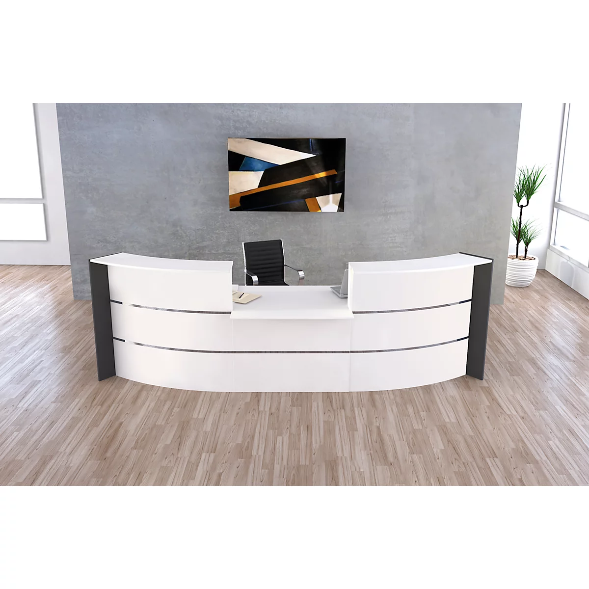 Große Bogen-Empfangstheke Faro, Mit Niedrigmodul, Kabelführung, B 3240 X T 1230 X 1120 Mm, Weiß/anthrazit 1 Große Bogen-Empfangstheke Faro, Mit Niedrigmodul, Kabelführung, B 3240 X T 1230 X 1120 Mm, Weiß/anthrazit
