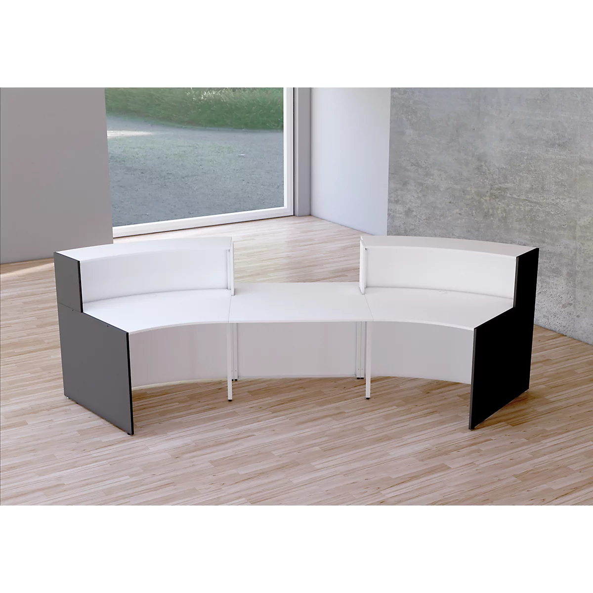 Große Bogen-Empfangstheke Faro, Mit Niedrigmodul, Kabelführung, B 3240 X T 1230 X 1120 Mm, Weiß/anthrazit 2 Große Bogen-Empfangstheke Faro, Mit Niedrigmodul, Kabelführung, B 3240 X T 1230 X 1120 Mm, Weiß/anthrazit – Bild 2