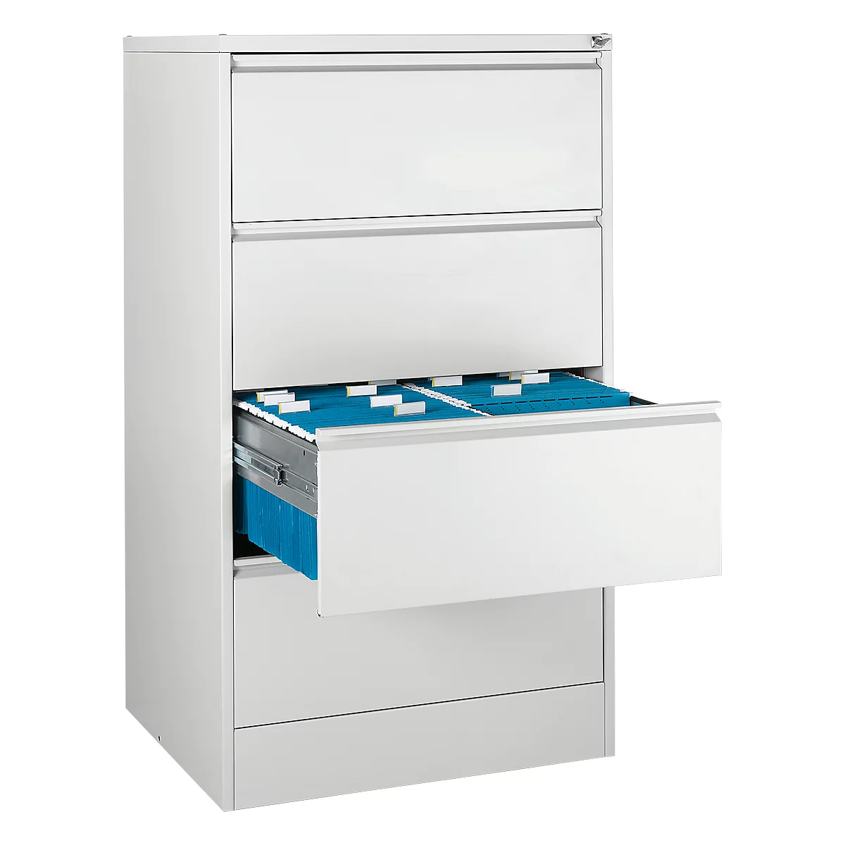Hängeregisterschrank B 780 X T 580 X H 1350 Mm, Stahlblech Lichtgrau, 4 Schubfächer Zweibahnig + 50 DIN A4 Hängemappen, Blau 1 Hängeregisterschrank B 780 X T 580 X H 1350 Mm, Stahlblech Lichtgrau, 4 Schubfächer Zweibahnig + 50 DIN A4 Hängemappen, Blau