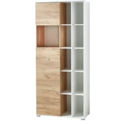 Home Office Aktenschrank LIONI, Aus Holz, 2 Türen, 4 Geschlossene & 11 Offene Fächer, B 850 X T 400 X H 1970 Mm, Weiß/Navarra Eiche