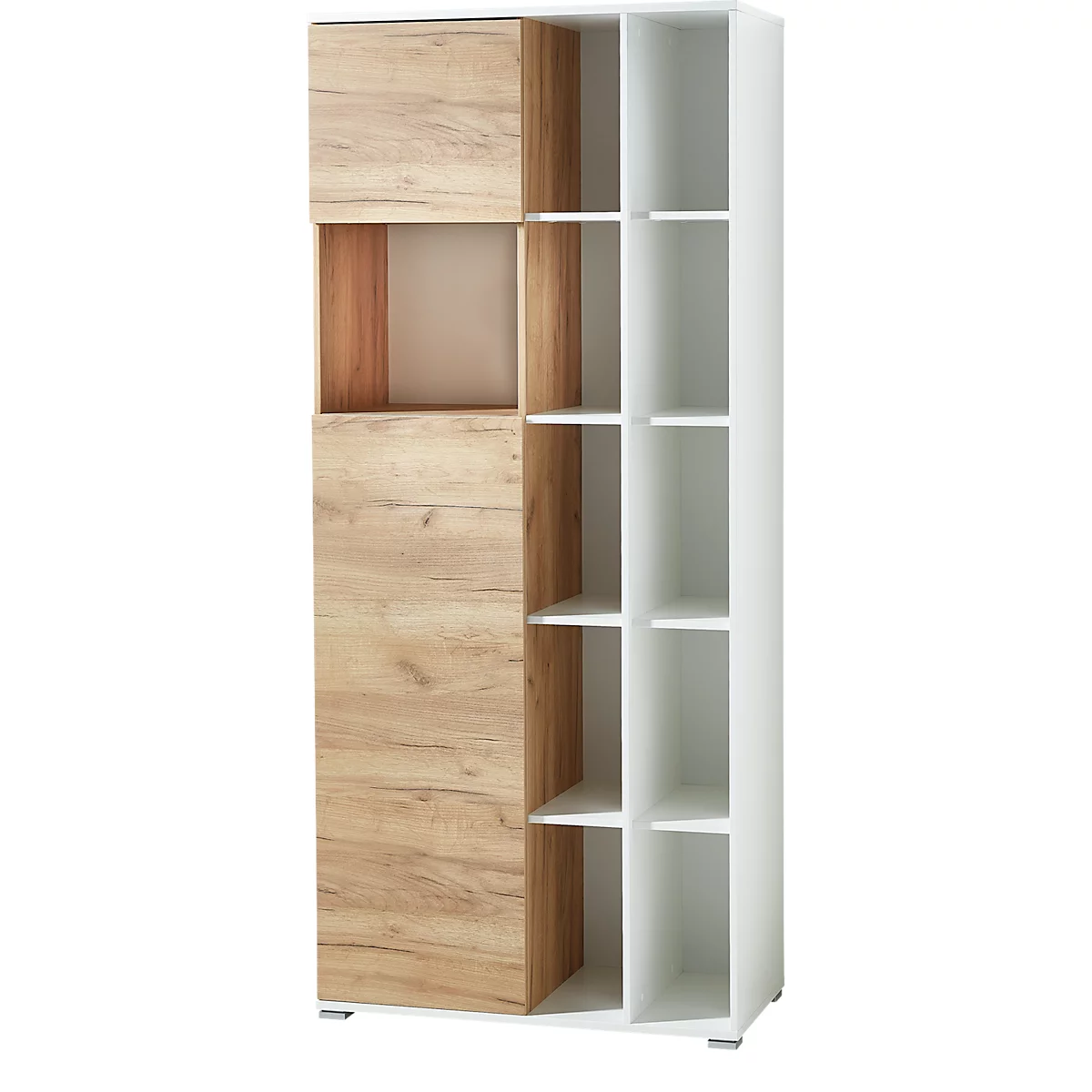 Home Office Aktenschrank LIONI, Aus Holz, 2 Türen, 4 Geschlossene & 11 Offene Fächer, B 850 X T 400 X H 1970 Mm, Weiß/Navarra Eiche 1 Home Office Aktenschrank LIONI, Aus Holz, 2 Türen, 4 Geschlossene & 11 Offene Fächer, B 850 X T 400 X H 1970 Mm, Weiß/Navarra Eiche