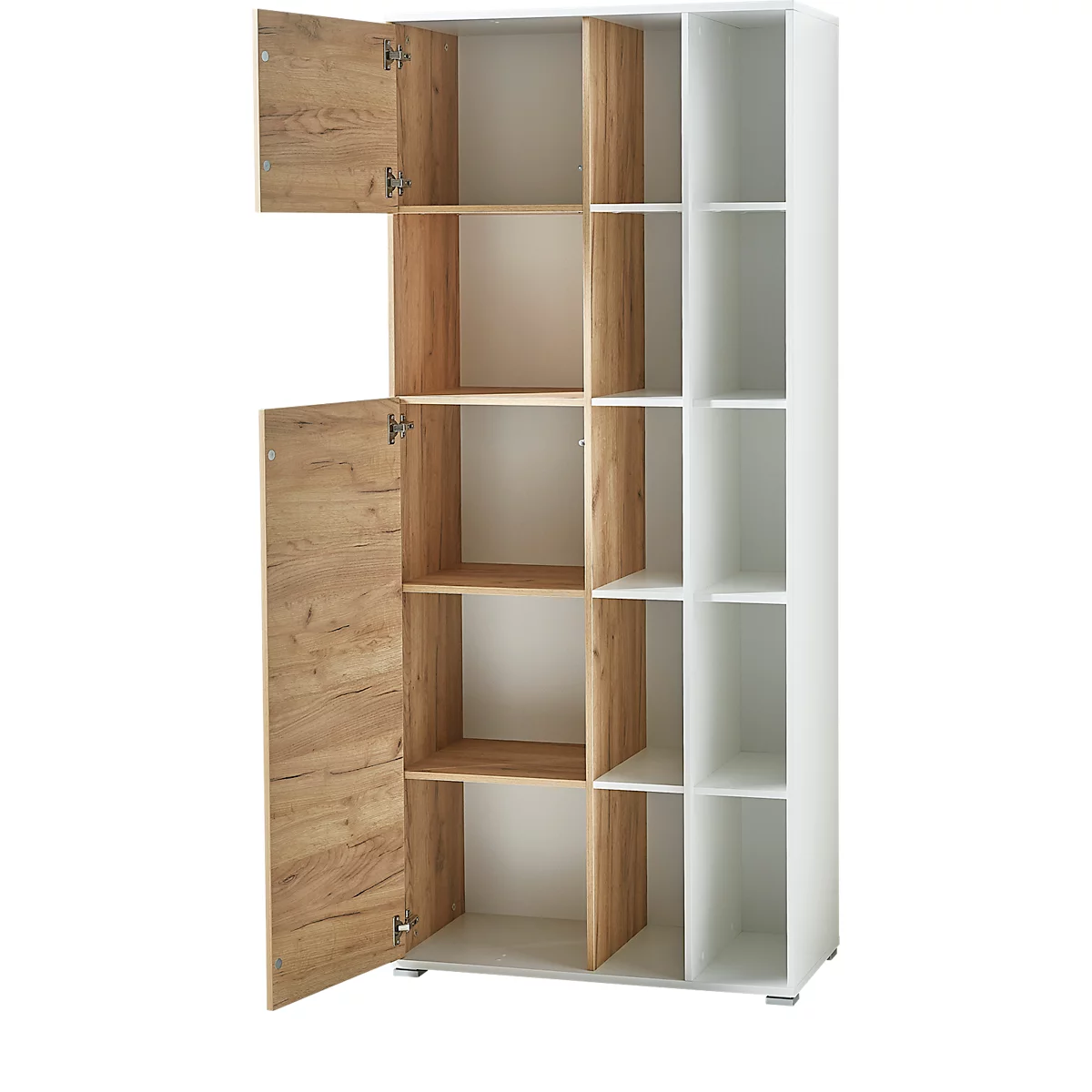 Home Office Aktenschrank LIONI, Aus Holz, 2 Türen, 4 Geschlossene & 11 Offene Fächer, B 850 X T 400 X H 1970 Mm, Weiß/Navarra Eiche 2 Home Office Aktenschrank LIONI, Aus Holz, 2 Türen, 4 Geschlossene & 11 Offene Fächer, B 850 X T 400 X H 1970 Mm, Weiß/Navarra Eiche – Bild 2
