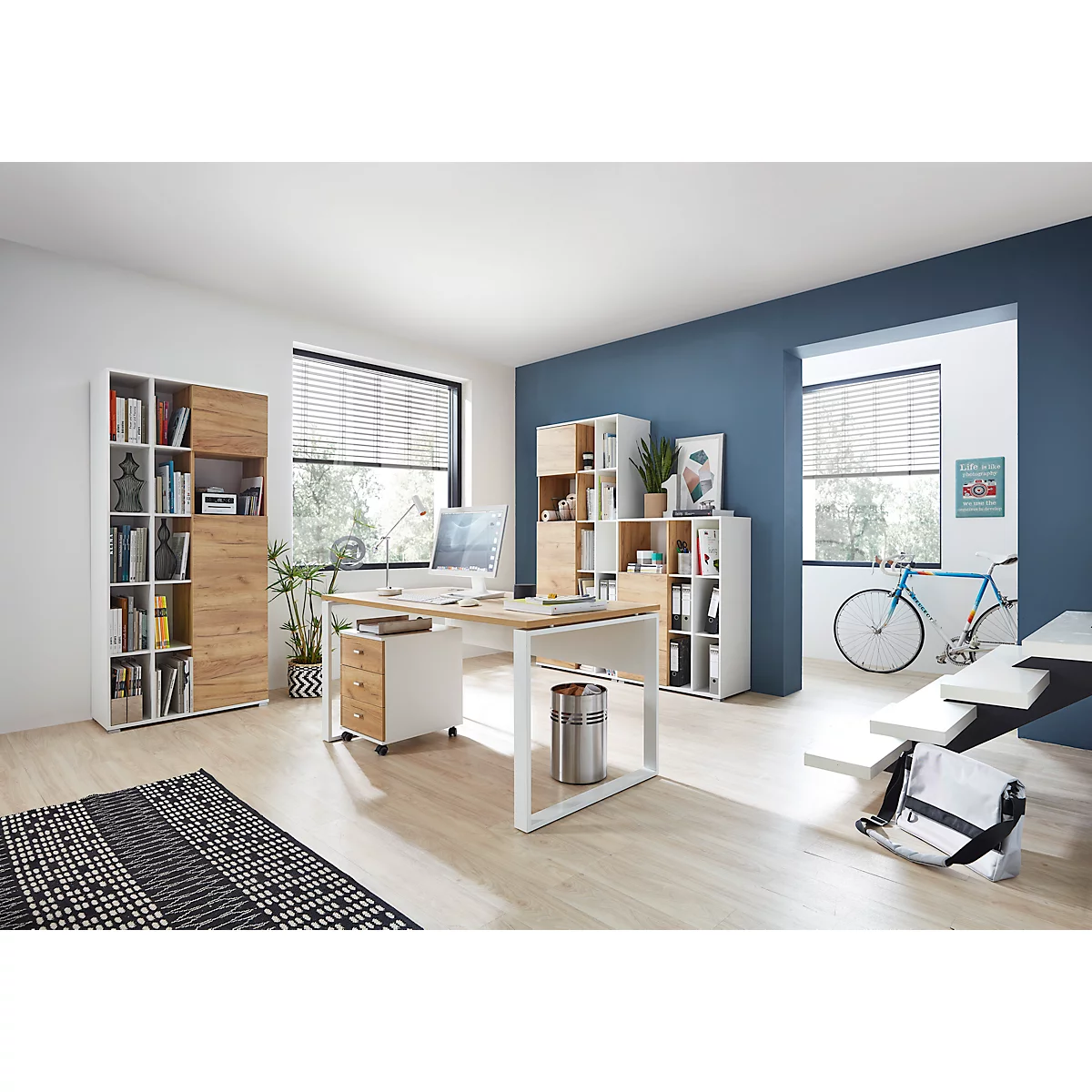 Home Office Aktenschrank LIONI, Aus Holz, 2 Türen, 4 Geschlossene & 11 Offene Fächer, B 850 X T 400 X H 1970 Mm, Weiß/Navarra Eiche 4 Home Office Aktenschrank LIONI, Aus Holz, 2 Türen, 4 Geschlossene & 11 Offene Fächer, B 850 X T 400 X H 1970 Mm, Weiß/Navarra Eiche – Bild 4