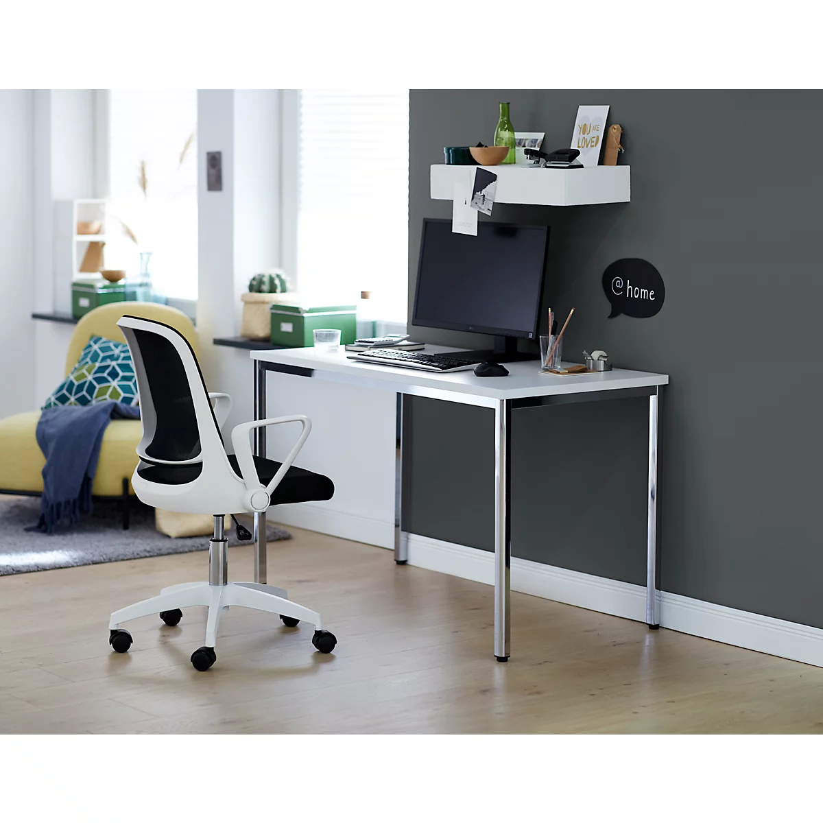 Home Office Tisch, Rechteck, 4-Fuß Quadratrohr, B 1200 X T 600 X H 720 Mm, Weiß/chromsilber 2 Home Office Tisch, Rechteck, 4-Fuß Quadratrohr, B 1200 X T 600 X H 720 Mm, Weiß/chromsilber – Bild 2