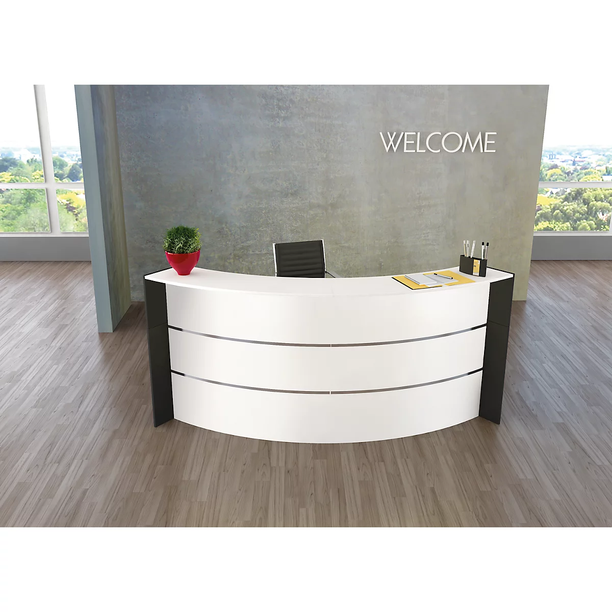 Kleine Bogen-Empfangstheke Faro, Mit Ablage Und Seitenplatten, B 2550 X T 1200 X H 1120 Mm, Weiß/anthrazit 1 Kleine Bogen-Empfangstheke Faro, Mit Ablage Und Seitenplatten, B 2550 X T 1200 X H 1120 Mm, Weiß/anthrazit