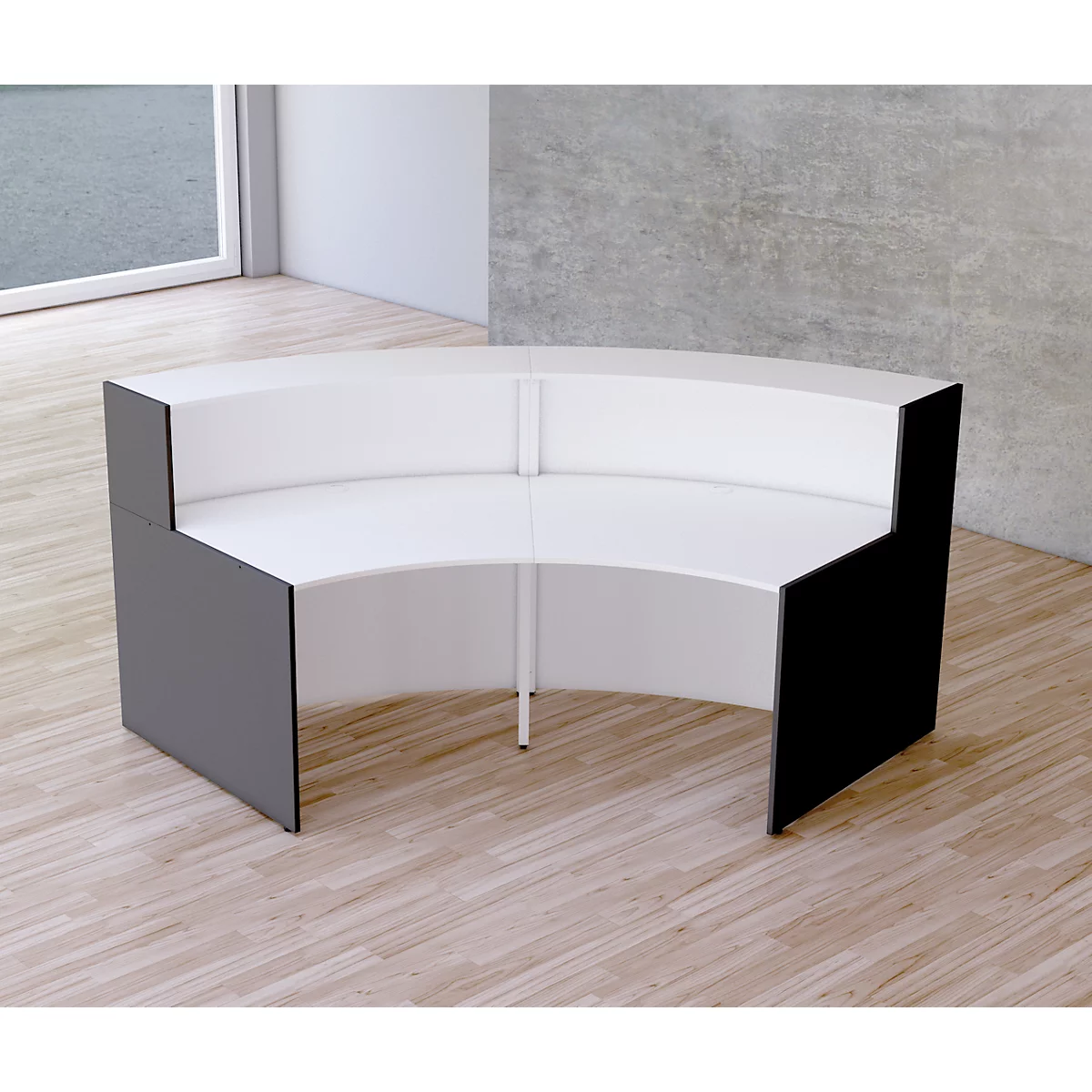 Kleine Bogen-Empfangstheke Faro, Mit Ablage Und Seitenplatten, B 2550 X T 1200 X H 1120 Mm, Weiß/anthrazit 2 Kleine Bogen-Empfangstheke Faro, Mit Ablage Und Seitenplatten, B 2550 X T 1200 X H 1120 Mm, Weiß/anthrazit – Bild 2