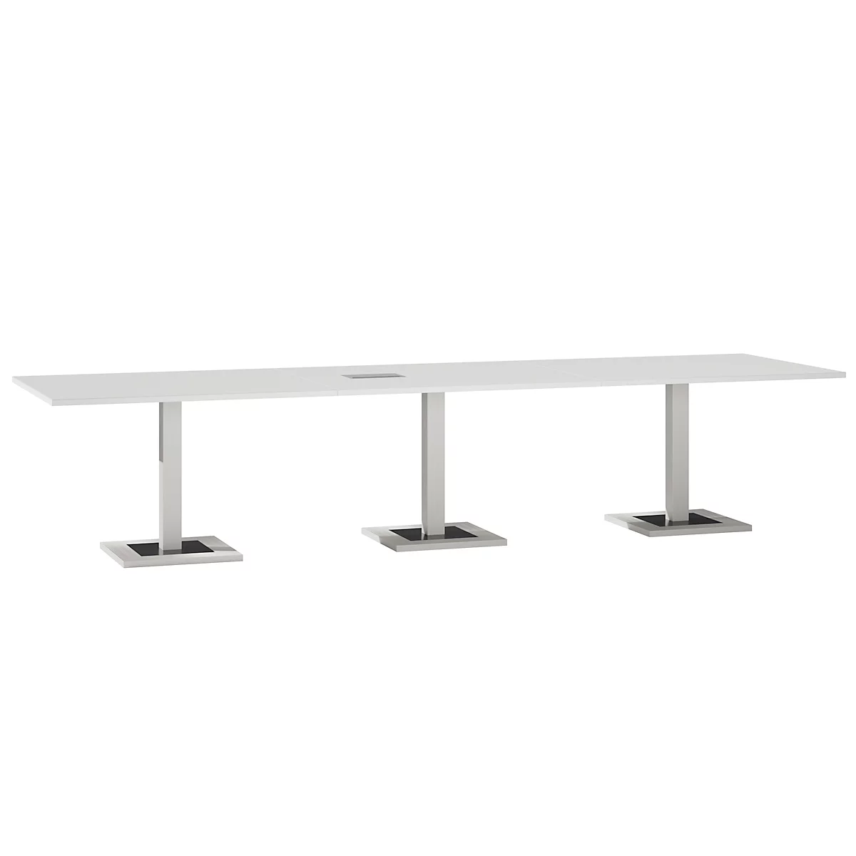 Konferenztisch, Mit Tischanschlussfeld, Bis 12 Personen, Rechteck, Standfuß, B 3500 X T 1000 X H 720-820 Mm, Weiß/silber 1 Konferenztisch, Mit Tischanschlussfeld, Bis 12 Personen, Rechteck, Standfuß, B 3500 X T 1000 X H 720-820 Mm, Weiß/silber