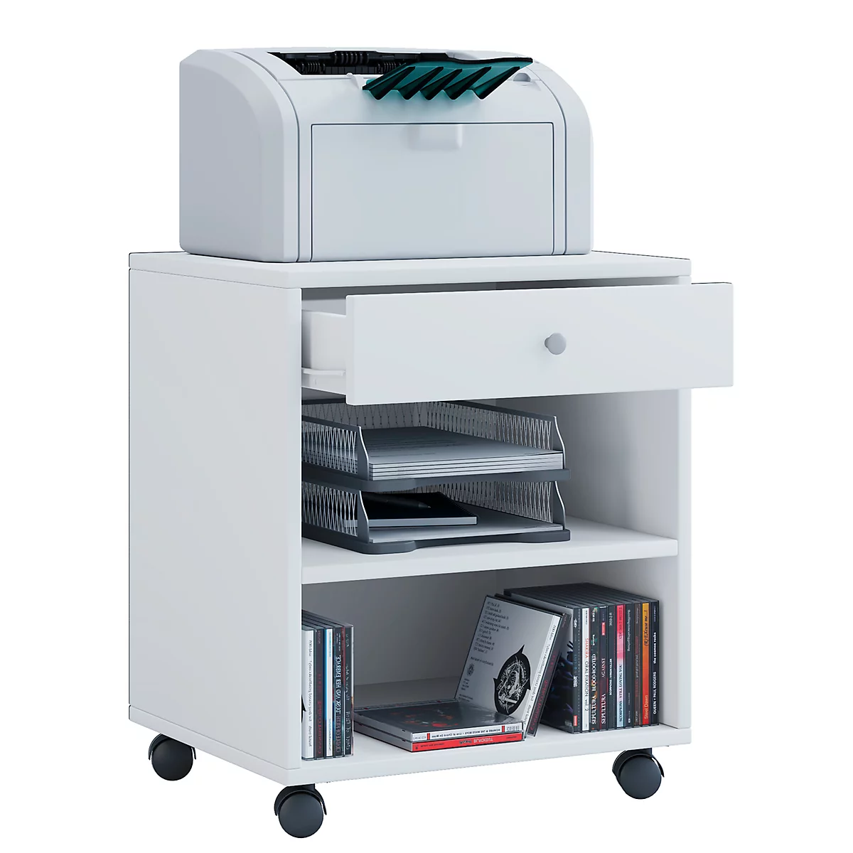 Rollcontainer, 1 Schubfach Mit Griffknopf & 2 Regalfächer, B 450 X T 380 X H 540 Mm, Spanplatte, Weiß 1 Rollcontainer, 1 Schubfach Mit Griffknopf & 2 Regalfächer, B 450 X T 380 X H 540 Mm, Spanplatte, Weiß