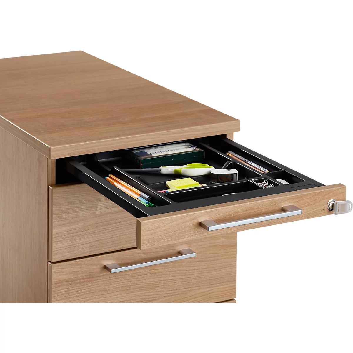 Rollcontainer 1333, 3 Schübe & 1 Utensilienauszug, Abschließbar, Runde Griffe, Holz/Stahl/Kunststoff, B 434 X T 800 X H 613 Mm, Lichtgrau 2 Rollcontainer 1333, 3 Schübe & 1 Utensilienauszug, Abschließbar, Runde Griffe, Holz/Stahl/Kunststoff, B 434 X T 800 X H 613 Mm, Lichtgrau – Bild 2