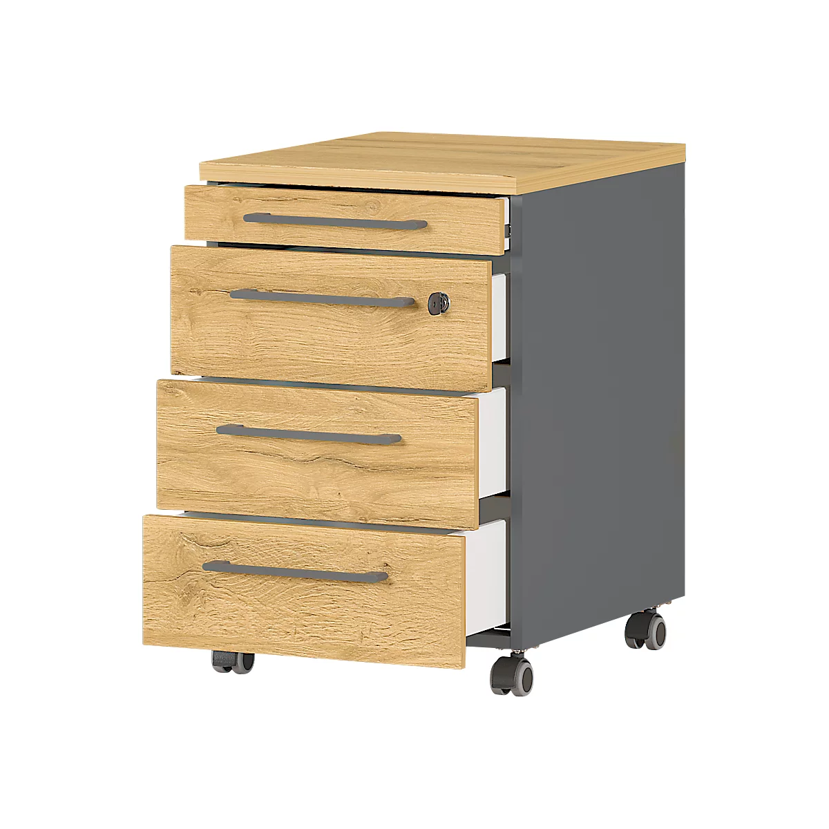 Rollcontainer Agenda Home, 3 Schubladen, Utensilienauszug, B 420 X T 490 X H 610 Mm, Graphit/Eiche 2 Rollcontainer Agenda Home, 3 Schubladen, Utensilienauszug, B 420 X T 490 X H 610 Mm, Graphit/Eiche – Bild 2