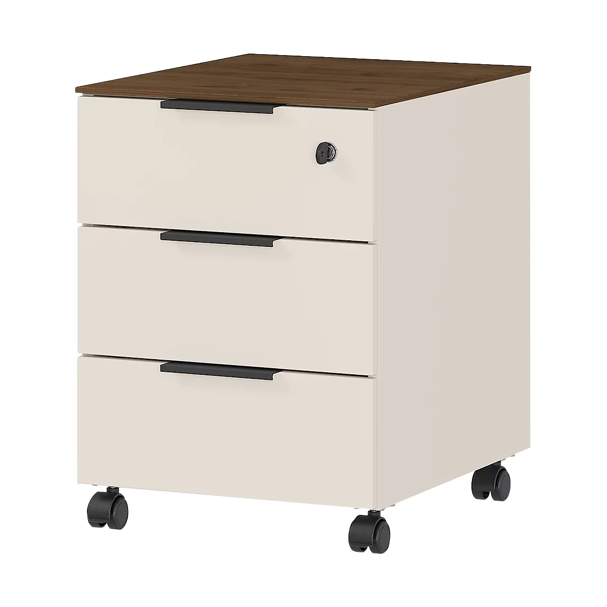 Rollcontainer Ancona, 3 Schubkästen (1 Abschließbar), Vier Laufrollen, Kaschmir/Nussbaum 1 Rollcontainer Ancona, 3 Schubkästen (1 Abschließbar), Vier Laufrollen, Kaschmir/Nussbaum