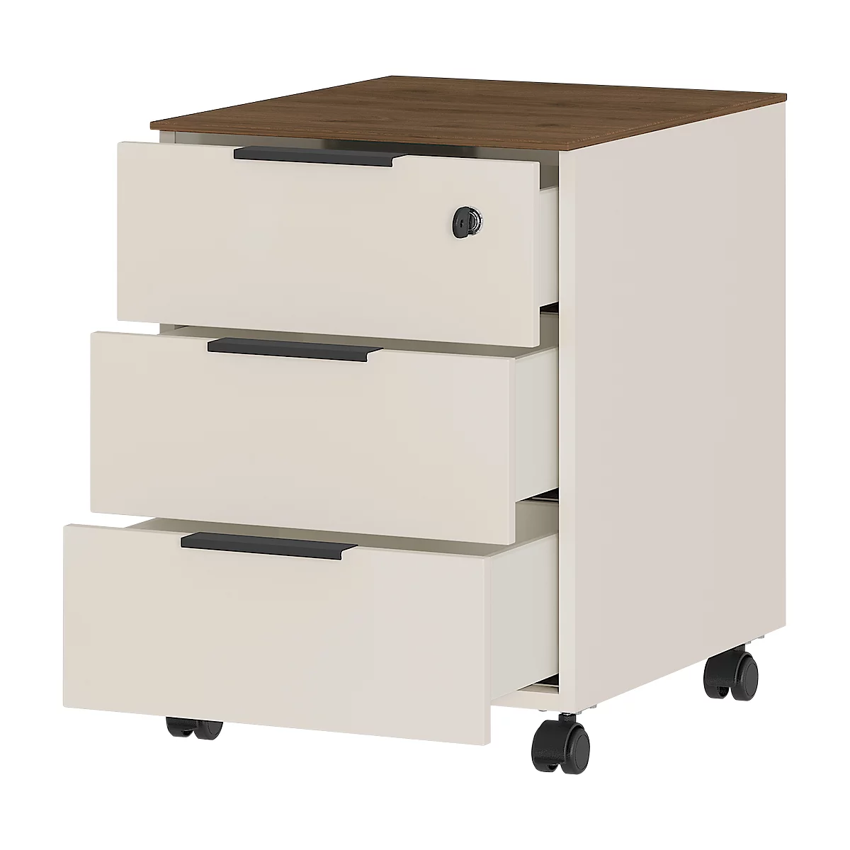 Rollcontainer Ancona, 3 Schubkästen (1 Abschließbar), Vier Laufrollen, Kaschmir/Nussbaum 2 Rollcontainer Ancona, 3 Schubkästen (1 Abschließbar), Vier Laufrollen, Kaschmir/Nussbaum – Bild 2