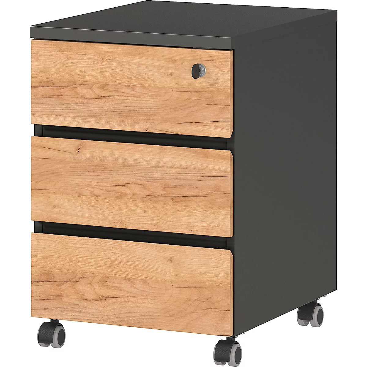 Rollcontainer Boston, 3 Schubladen, Grifflos Mit Selbsteinzug, Graphit/Navarra Eiche 1 Rollcontainer Boston, 3 Schubladen, Grifflos Mit Selbsteinzug, Graphit/Navarra Eiche