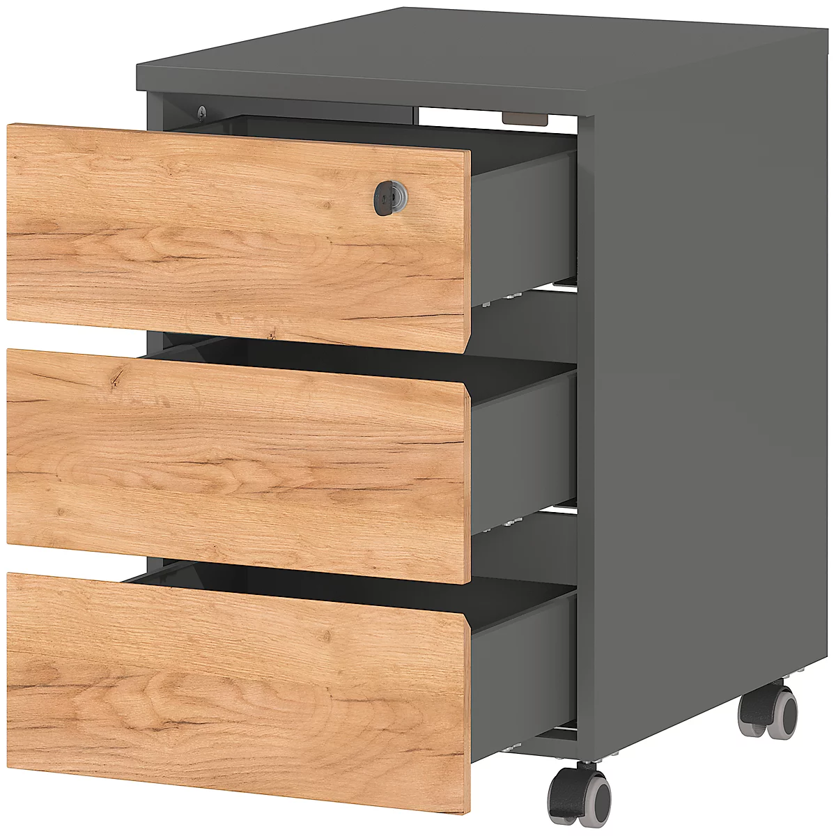 Rollcontainer Boston, 3 Schubladen, Grifflos Mit Selbsteinzug, Graphit/Navarra Eiche 2 Rollcontainer Boston, 3 Schubladen, Grifflos Mit Selbsteinzug, Graphit/Navarra Eiche – Bild 2