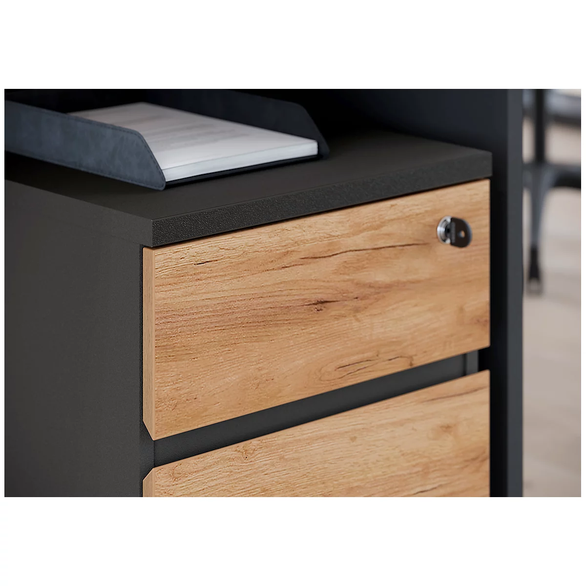 Rollcontainer Boston, 3 Schubladen, Grifflos Mit Selbsteinzug, Graphit/Navarra Eiche 3 Rollcontainer Boston, 3 Schubladen, Grifflos Mit Selbsteinzug, Graphit/Navarra Eiche – Bild 3