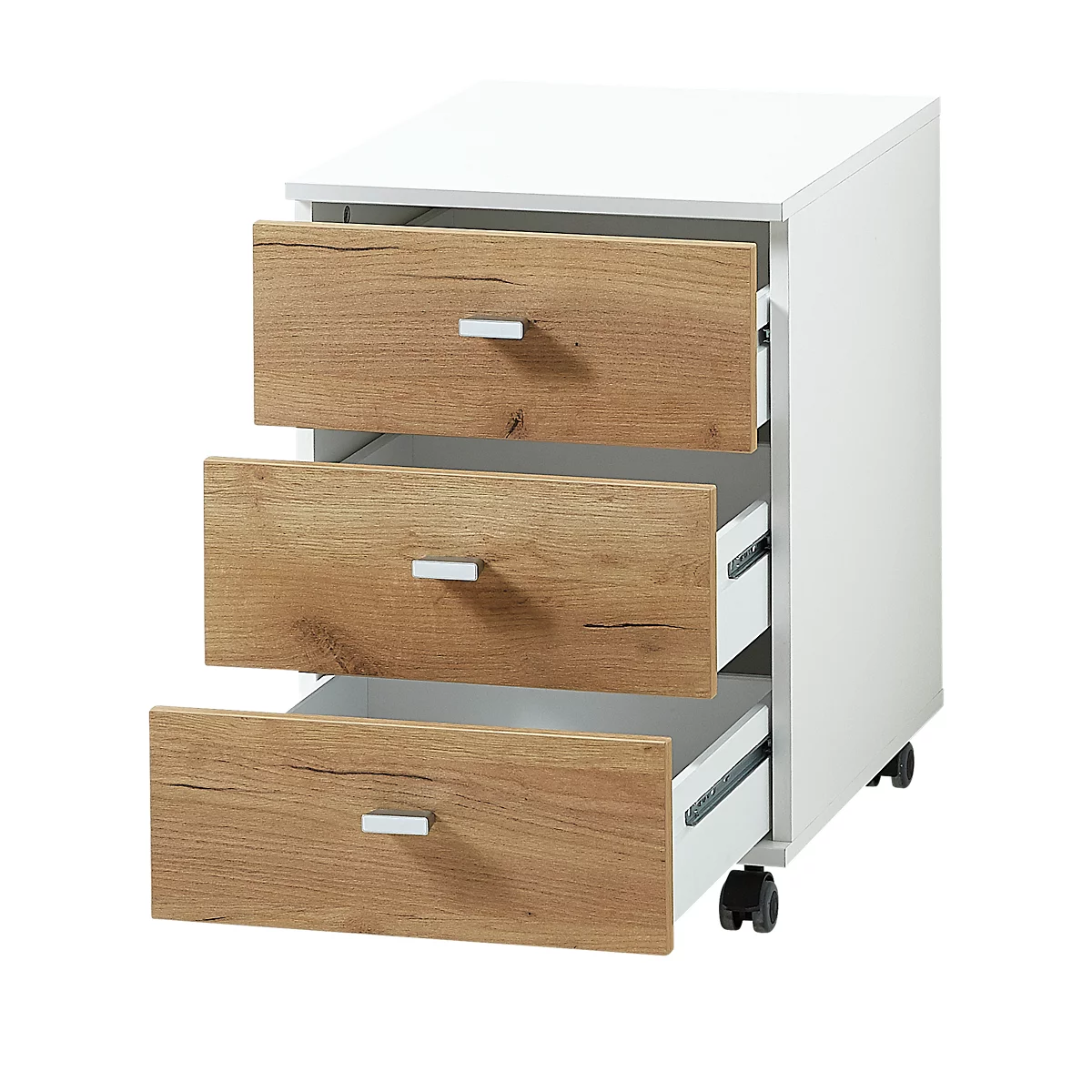 Rollcontainer Lioni, Ideal Für Das Homeoffice, Aus Holz, 3 Schübe, Steggriffe, B 400 X T 490 X H 570, Weiß/Eiche-Navarra 2 Rollcontainer Lioni, Ideal Für Das Homeoffice, Aus Holz, 3 Schübe, Steggriffe, B 400 X T 490 X H 570, Weiß/Eiche-Navarra – Bild 2