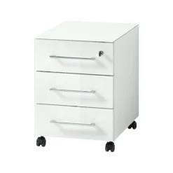 Rollcontainer MONTERIA, 3 Schübe Mit Selbsteinzug, Glasfront & -auflage, B 400 X T 500 X H 550 Mm, Weiß