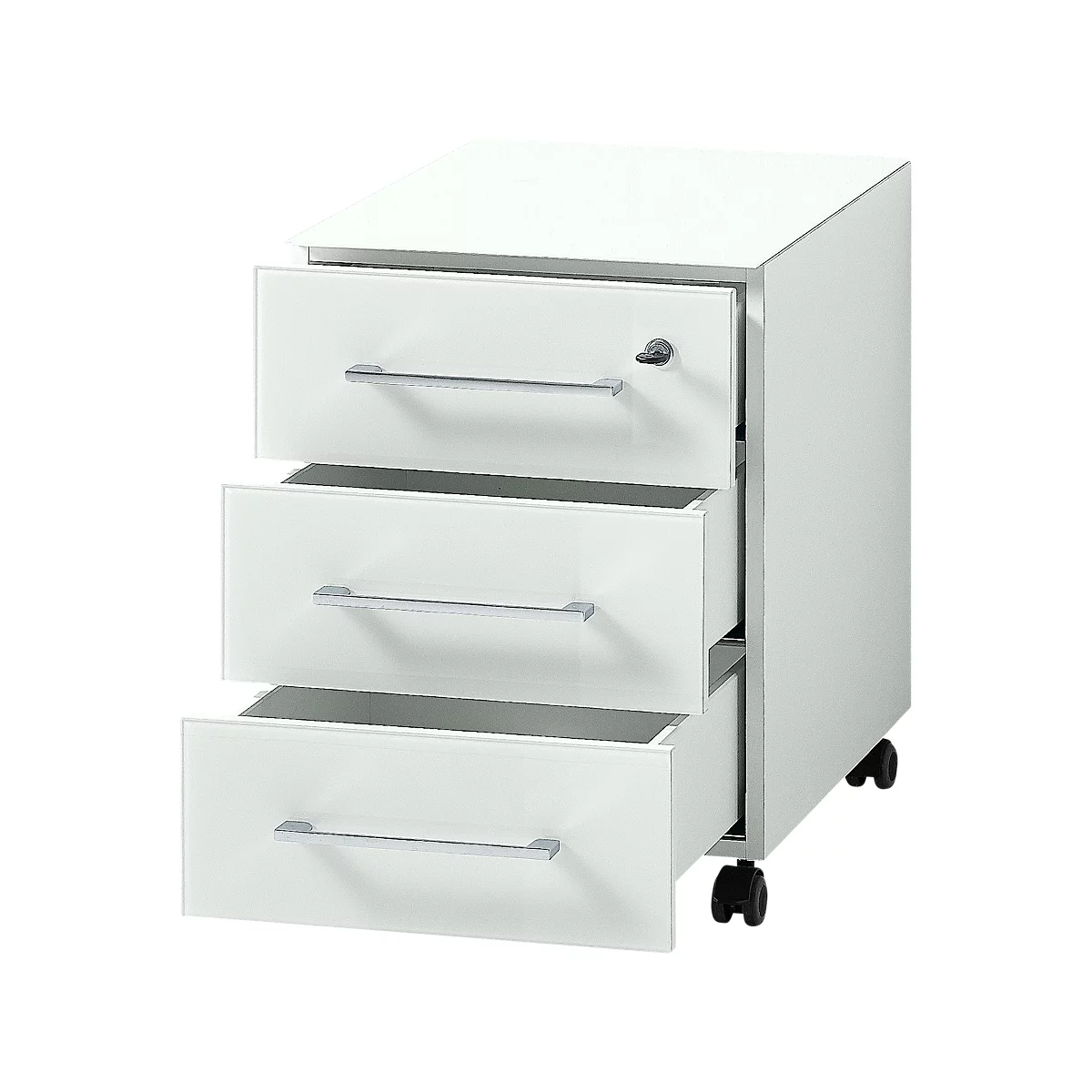 Rollcontainer MONTERIA, 3 Schübe Mit Selbsteinzug, Glasfront & -auflage, B 400 X T 500 X H 550 Mm, Weiß 2 Rollcontainer MONTERIA, 3 Schübe Mit Selbsteinzug, Glasfront & -auflage, B 400 X T 500 X H 550 Mm, Weiß – Bild 2