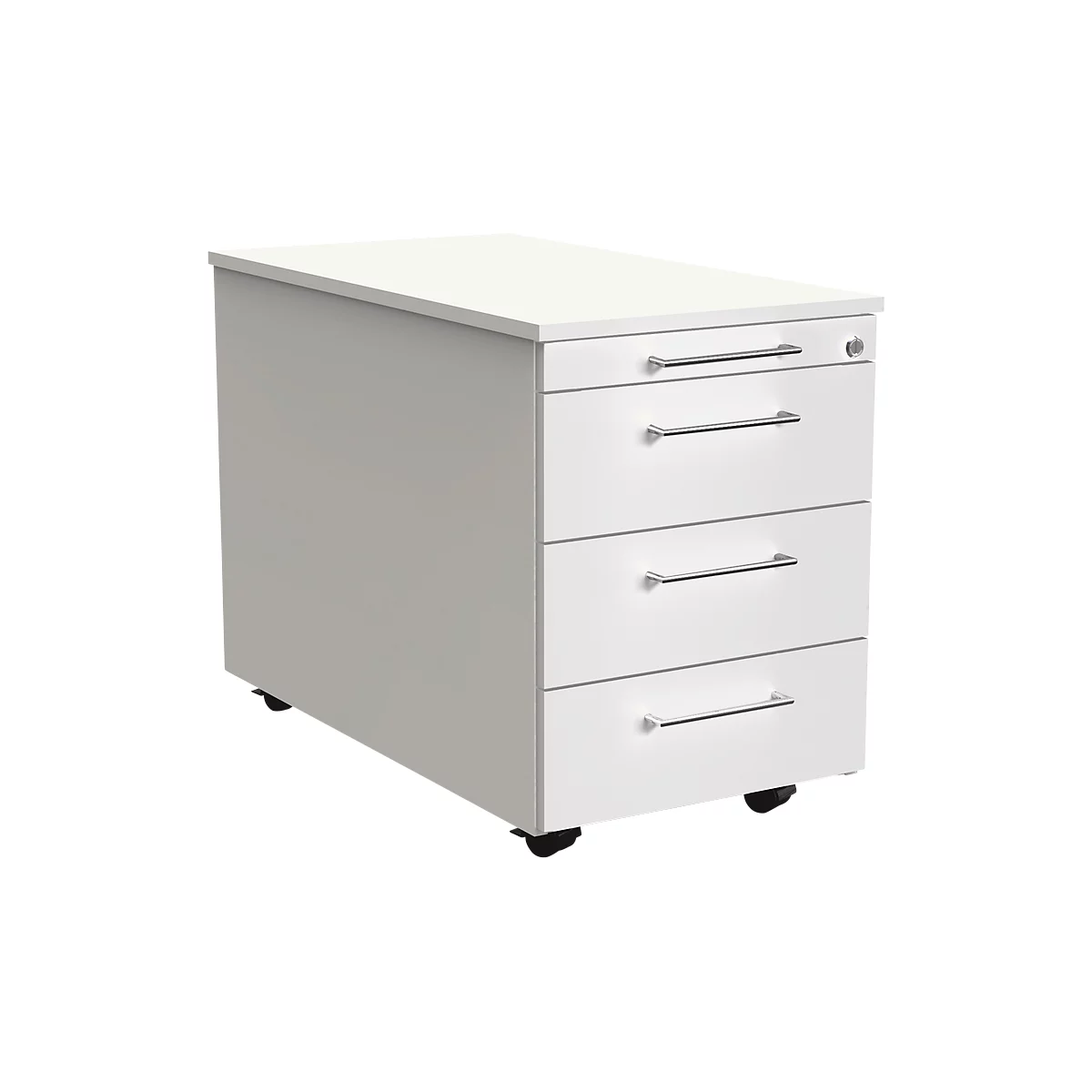 Rollcontainer Toledo, 3 Schubladen, Utensilienauszug, Selbsteinzug, Auszugssperre, Zentralverschluss, B 420 X T 800 Mm, Weiß 1 Rollcontainer Toledo, 3 Schubladen, Utensilienauszug, Selbsteinzug, Auszugssperre, Zentralverschluss, B 420 X T 800 Mm, Weiß