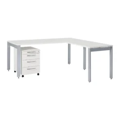 Schäfer Shop Select Komplettset LOGIN, 4-Fuß Schreibtisch 1800 Mm, 4-Fuß Anbautisch, Rollcontainer, Lichtgrau