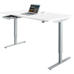 Schäfer Shop Select Schreibtisch Start Off, Elektrisch Höhenverstellbar, Rechteck, T-Fuß, B 1600 X T 800 X H 705-1205 Mm, Lichtgrau/weißaluminium + Zubehörschublade