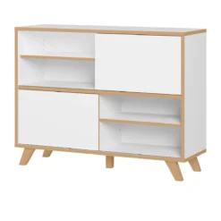 Schiebetürenregal Helsinki, Ideal Für Das Homeoffice, Aus Holz, 2 Türen, 4 Fächer Mit Je 1 Boden, Füße, B 1200 X T 400 X H 920 Mm, Weiß/Eiche-Navarra