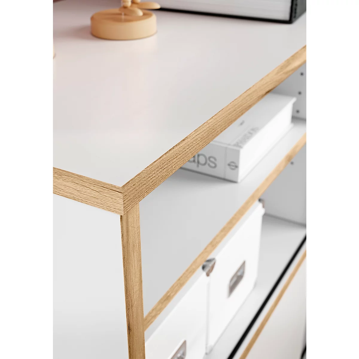 Schiebetürenregal Helsinki, Ideal Für Das Homeoffice, Aus Holz, 2 Türen, 4 Fächer Mit Je 1 Boden, Füße, B 1200 X T 400 X H 920 Mm, Weiß/Eiche-Navarra 2 Schiebetürenregal Helsinki, Ideal Für Das Homeoffice, Aus Holz, 2 Türen, 4 Fächer Mit Je 1 Boden, Füße, B 1200 X T 400 X H 920 Mm, Weiß/Eiche-Navarra – Bild 2