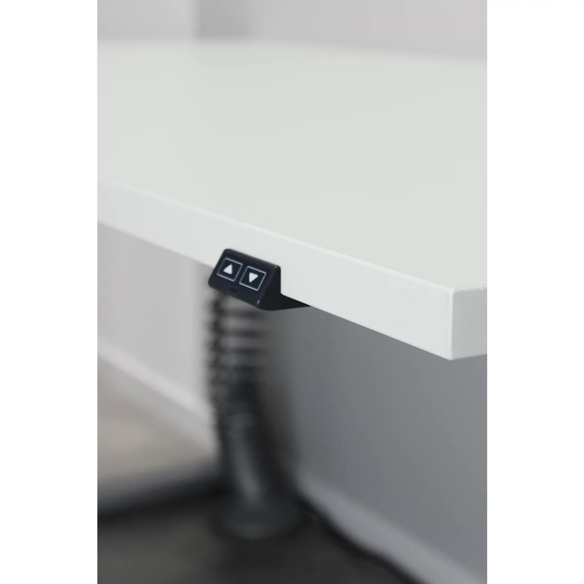 Schreibtisch Agenda, Elektrisch Höhenverstellbar, Rechteck, T-Fuß, B 1600 X T 800 X H 730-1200 Mm, Lichtgrau/silber + Kabelschacht 3 Schreibtisch Agenda, Elektrisch Höhenverstellbar, Rechteck, T-Fuß, B 1600 X T 800 X H 730-1200 Mm, Lichtgrau/silber + Kabelschacht – Bild 3