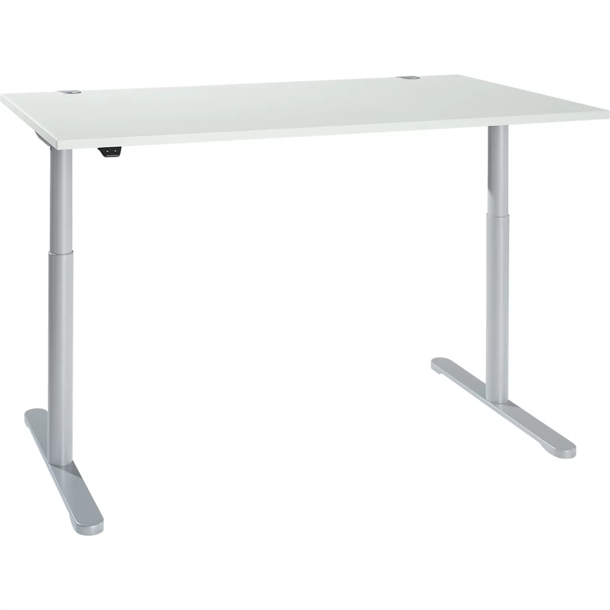 Schreibtisch, Einstufig Elektrisch Höhenverstellbar, T-Fuß Rundrohr, B 1600 X T 800 X H 710-1180 Mm, Lichtgrau/weißaluminium 1 Schreibtisch, Einstufig Elektrisch Höhenverstellbar, T-Fuß Rundrohr, B 1600 X T 800 X H 710-1180 Mm, Lichtgrau/weißaluminium