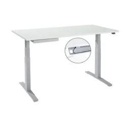 Schreibtisch, Elektrisch Höhenverstellbar, T-Fuß, B 1600 X T 800 X H 645-1290 Mm, Lichtgrau/weißaluminium + Kabelkanal, Zubehörschublade