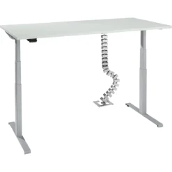 Schreibtisch, Elektrisch Höhenverstellbar, T-Fuß, H 620-1270 Mm, Lichtgrau/weißaluminium + Memory-Bedienelement Und Gratis Kabelschlange Quadro
