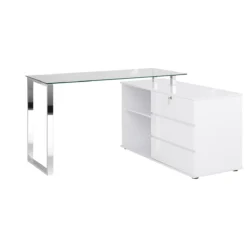 Schreibtisch Home Office, Mit Sideboard, Abschließbare Schublade, 4 Fächer, B 1200 X T 1500 X H 753 Mm, Chrom/Glas