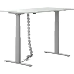 Schreibtisch Login, Elektrisch Höhenverstellbar, T-Fuß, B 1600 X T 800 X H 645-1290 Mm, Lichtgrau/weißaluminium + Kabelschlange, Silber