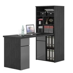 Schreibtisch-Schrank-Kombination Minioffice, Ausziehbare Tischplatte, B 648 X T 1695 X H 1500 Mm, Korpus Eiche, Grau / Front Hochglanz, Grau