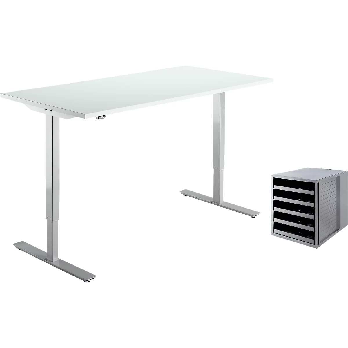 Schreibtisch Start Off, Elektrisch Höhenverstellbar, B 1600 Mm, Lichtgrau/weißalu + Gratis Schubladenbox Schrank-Set Karma, Grau 1 Schreibtisch Start Off, Elektrisch Höhenverstellbar, B 1600 Mm, Lichtgrau/weißalu + Gratis Schubladenbox Schrank-Set Karma, Grau